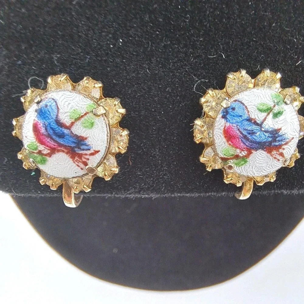 Vintage Mid-Century Bluebird  Guilloche Screw Back Earrings
